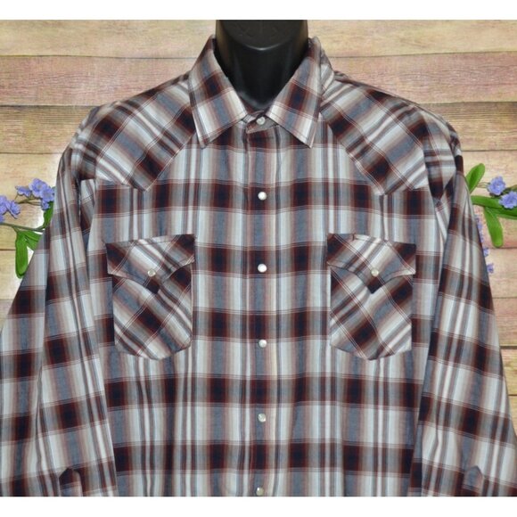 Plains Western Wear Big Man Brown Plaid Pearl Snap Long Sleeve Shirt Size 2X - Picture 2 of 10